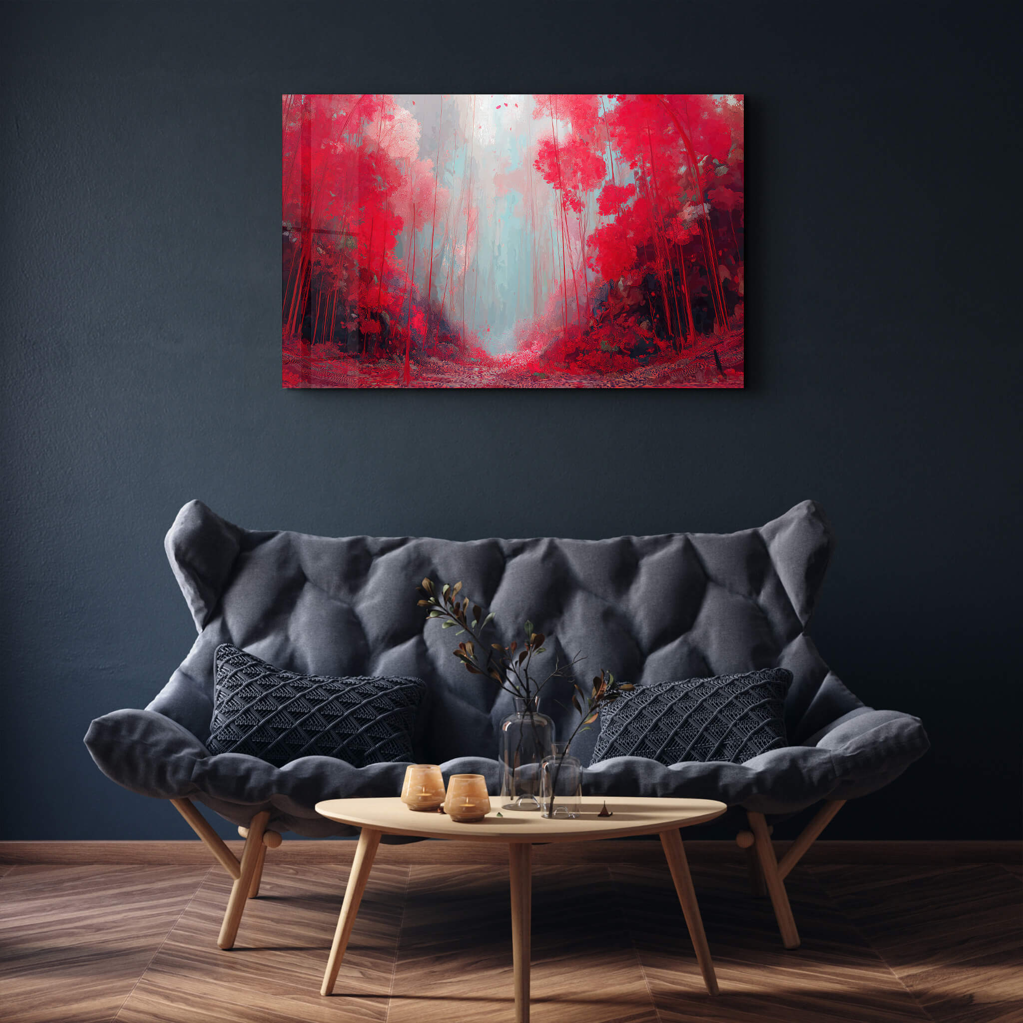 Crimson Passage – A Forest of Light and Flame - Glass Wall Art