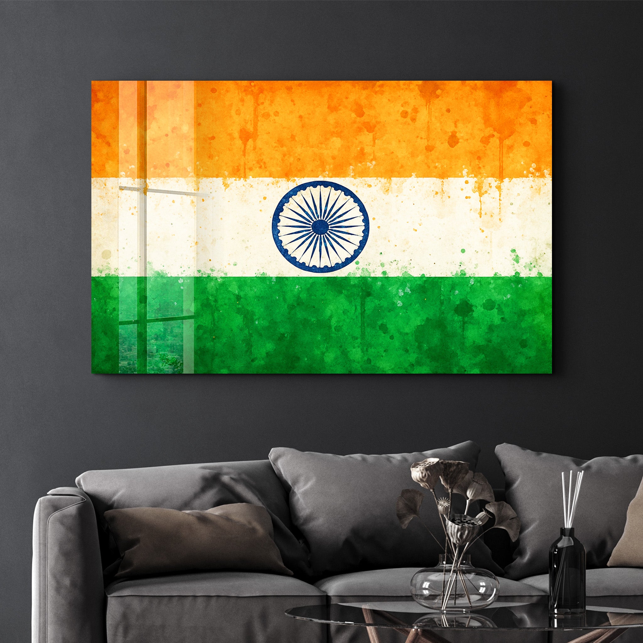 India Flag Splash - Glass Wall Art