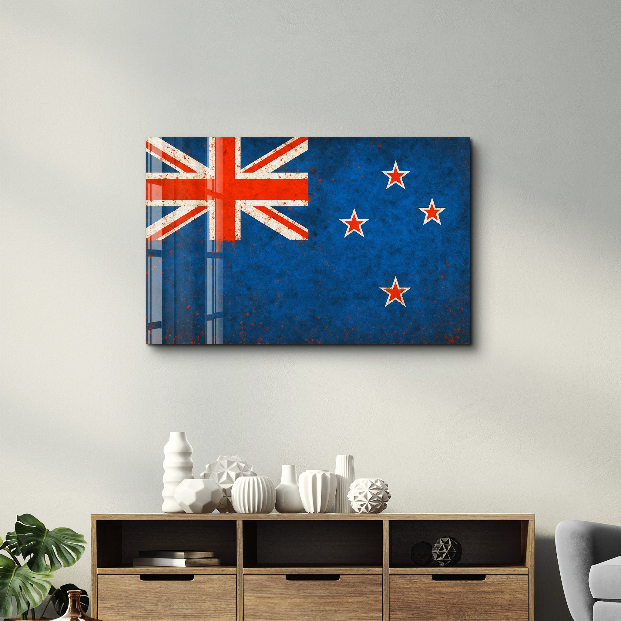 New Zealand Flag Splash - Glass Wall Art