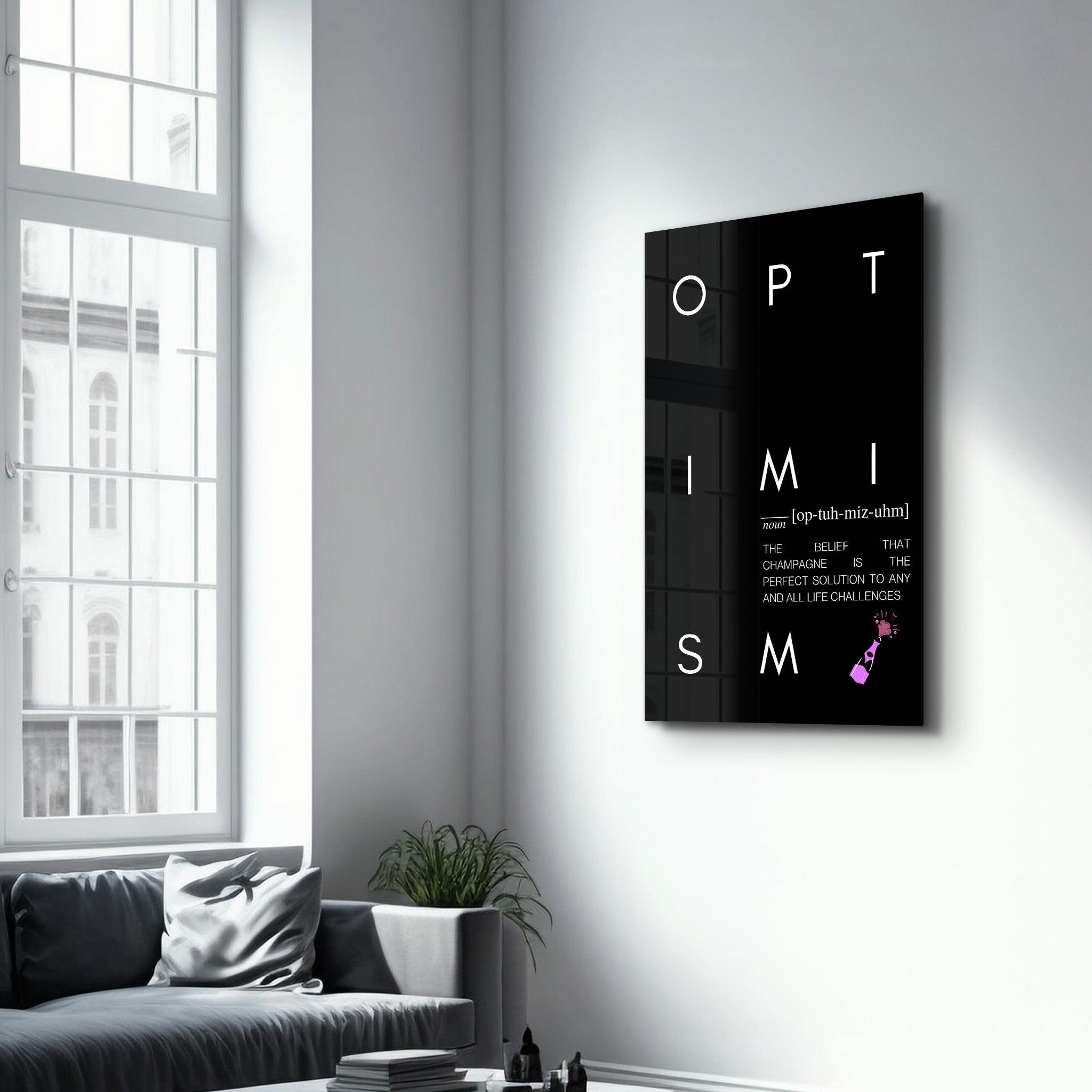 Artdesigna glass wall art titled "Optimism" featuring vibrant, abstract glass design for modern home decor.