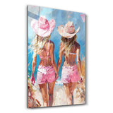 Pink CowGirls On the Beach | Glass Wall Art