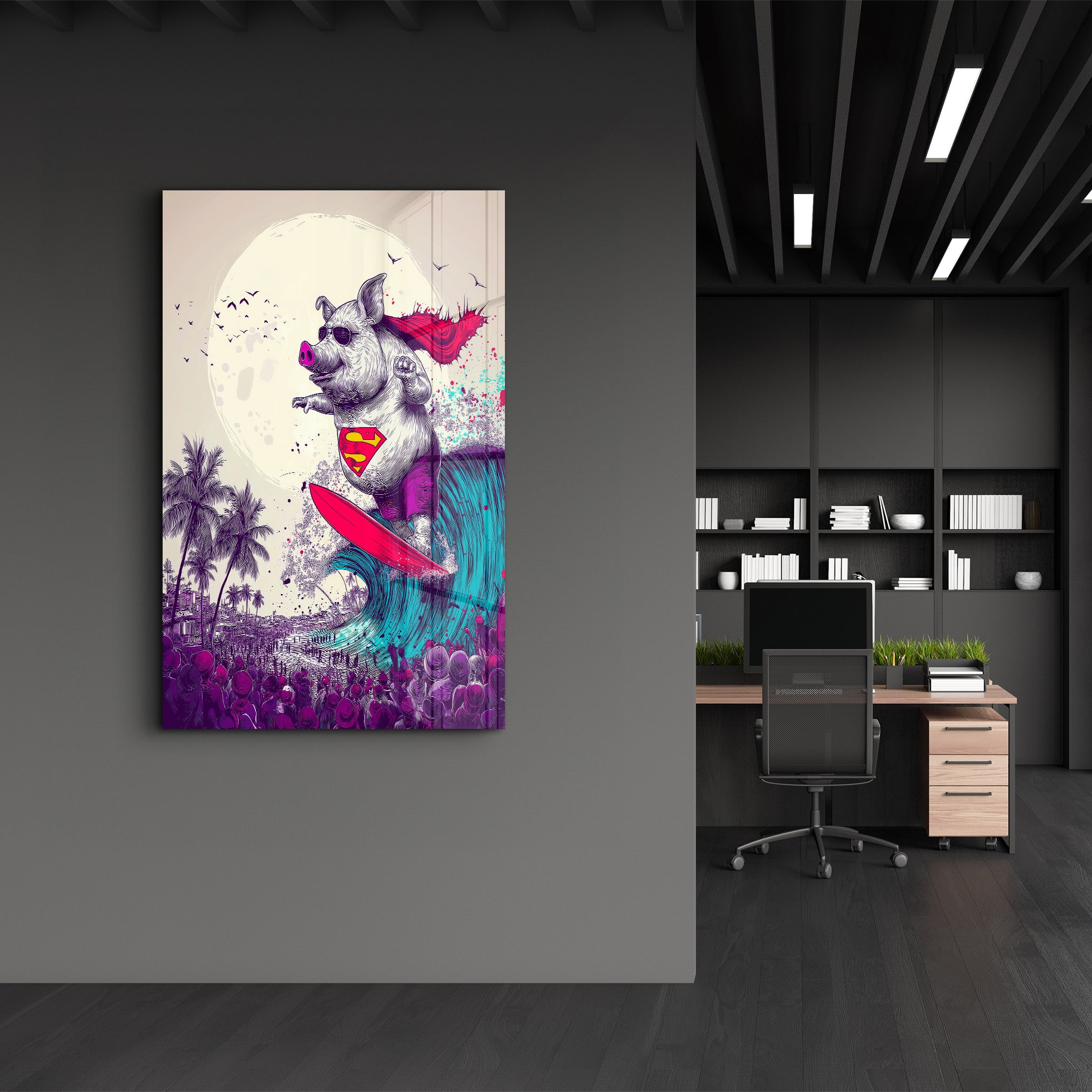 The Swine Surfer – Glass Wall Art