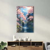 Tranquil Sakura Falls – Glass Wall Art