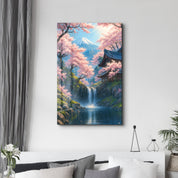 Tranquil Sakura Falls – Glass Wall Art