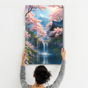 Tranquil Sakura Falls – Glass Wall Art