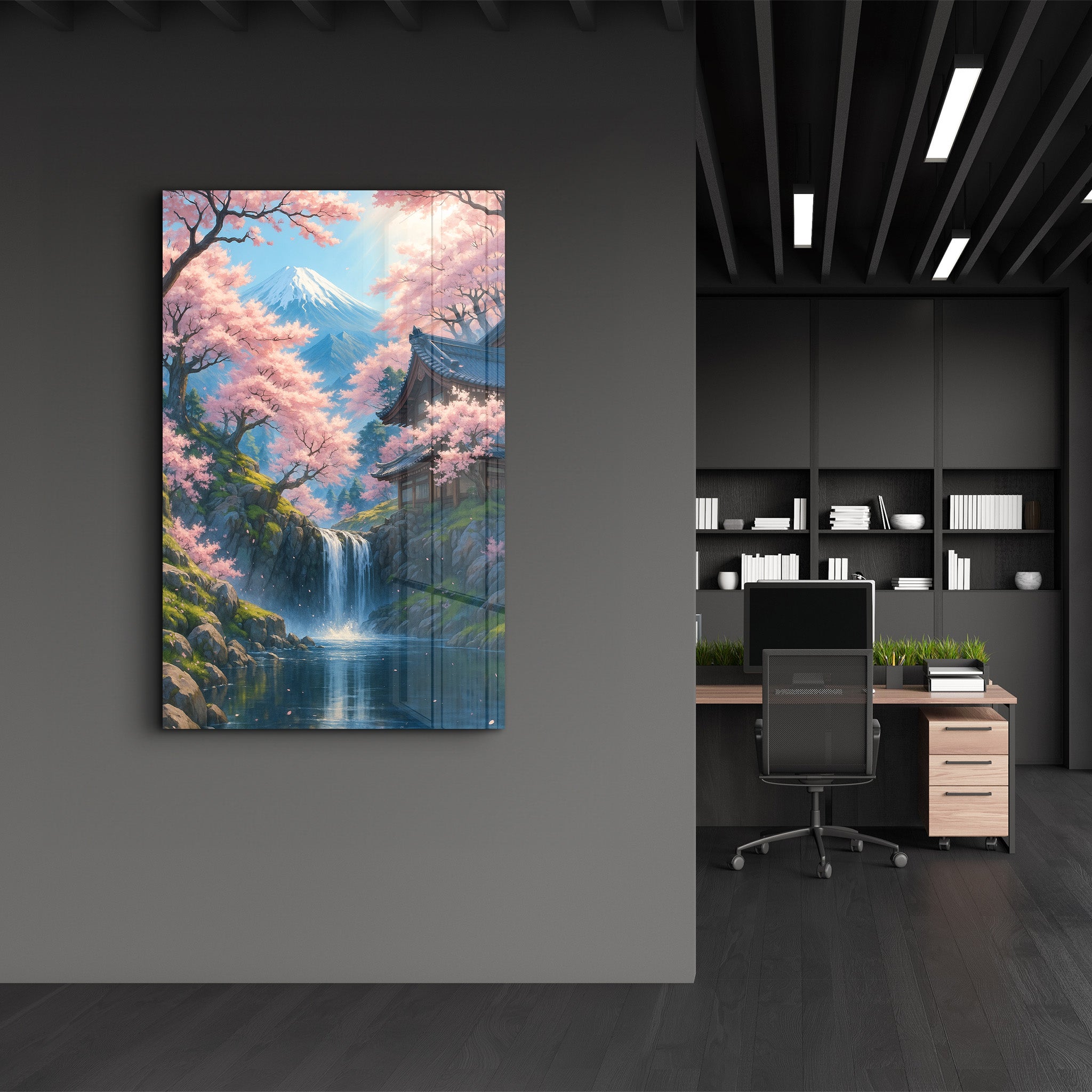 Tranquil Sakura Falls – Glass Wall Art