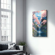Tranquil Sakura Falls – Glass Wall Art