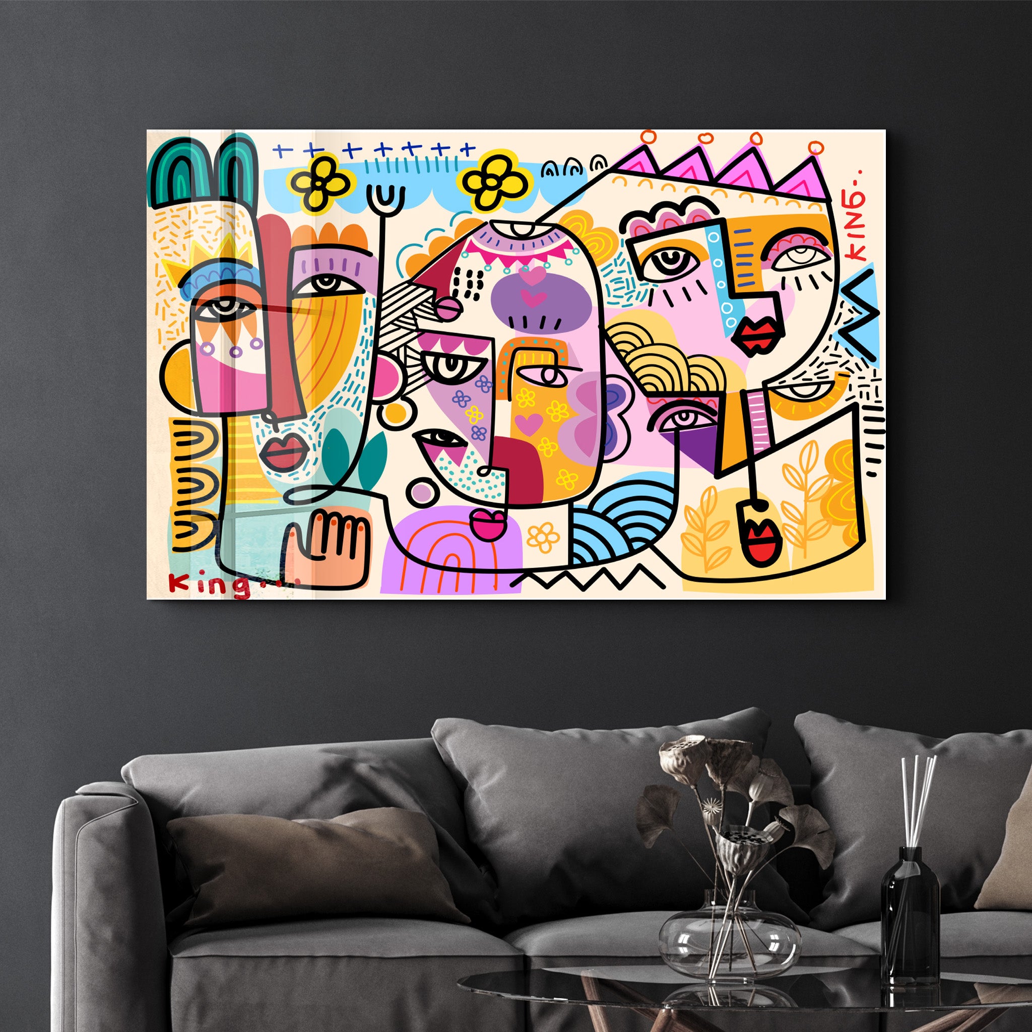 Vibrant Faces in Pop Abstract - Glass Wall Art