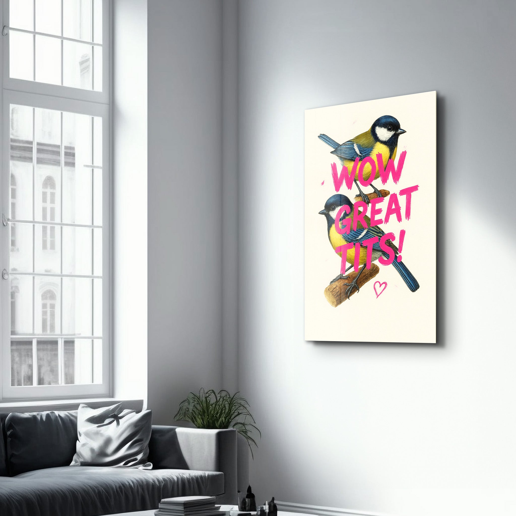 Wow, Great Tits! - Cheeky Bird Glass Wall Art