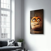 Pumpkin Mummy Mischief | Halloween Glass Wall Art - Artdesigna