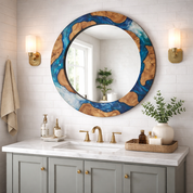Ocean-inspired epoxy and olive wood mirror by Artdesigna, featuring a unique wood wall art design with oceanic and natural wood elements.