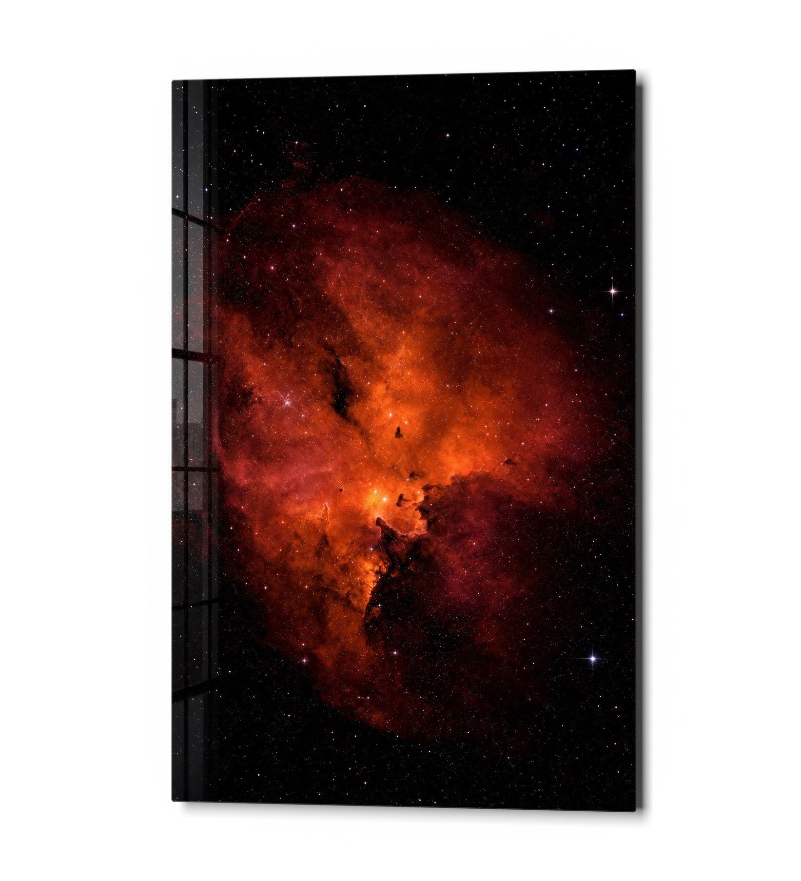 Orange Cloud glass wall art by Artdesigna featuring vibrant orange hues and cloud design on clear glass background.