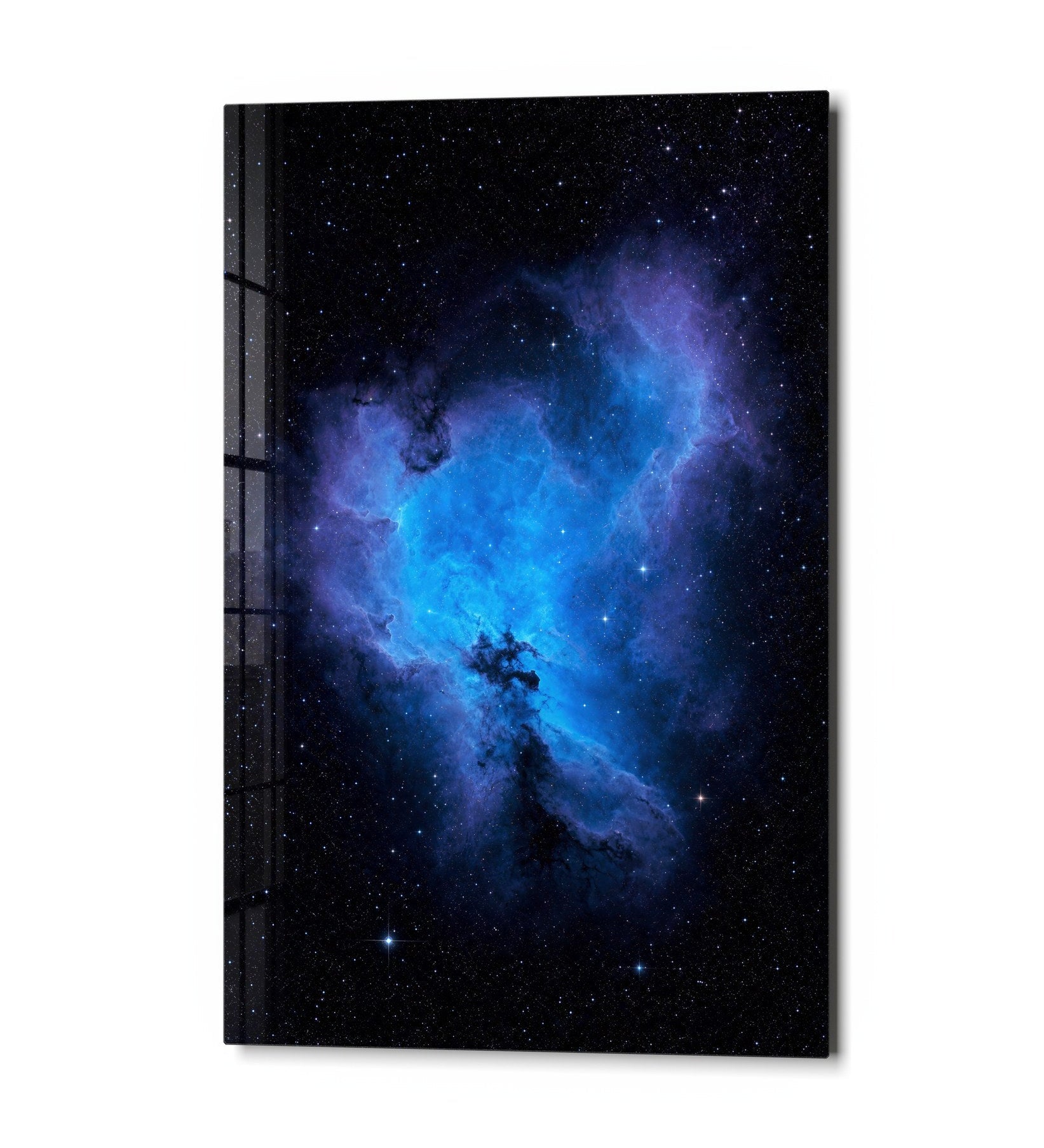 Cobalt Cloud glass wall art by Artdesigna featuring a vibrant blue cloud design on clear glass surface.