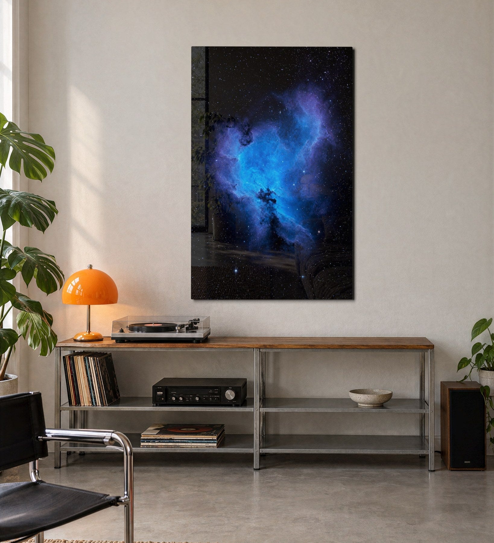 Cobalt Cloud glass wall art by Artdesigna displayed on a wall in a modern living space, showcasing vibrant blue abstract design.