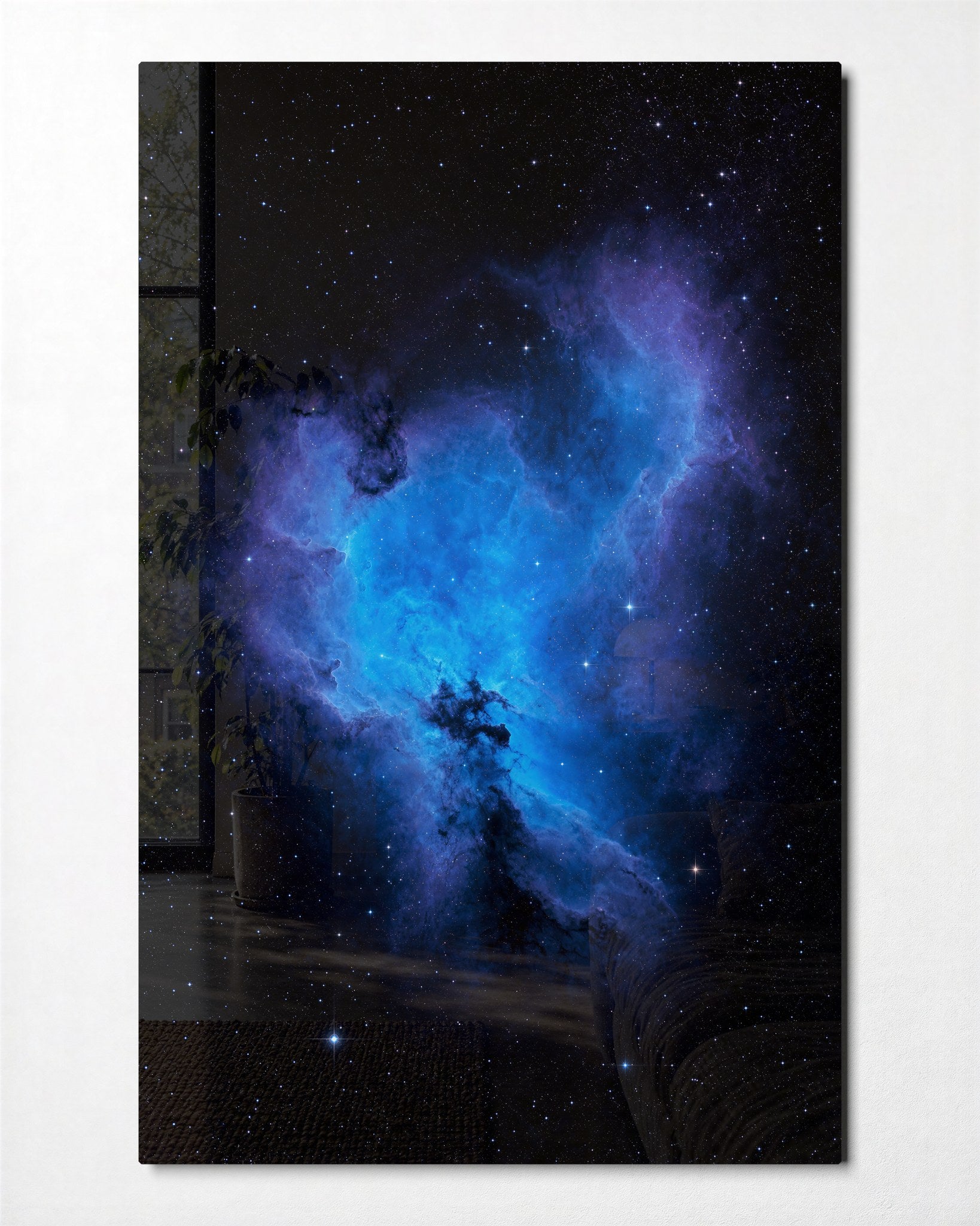Cobalt Cloud glass wall art by Artdesigna, front view