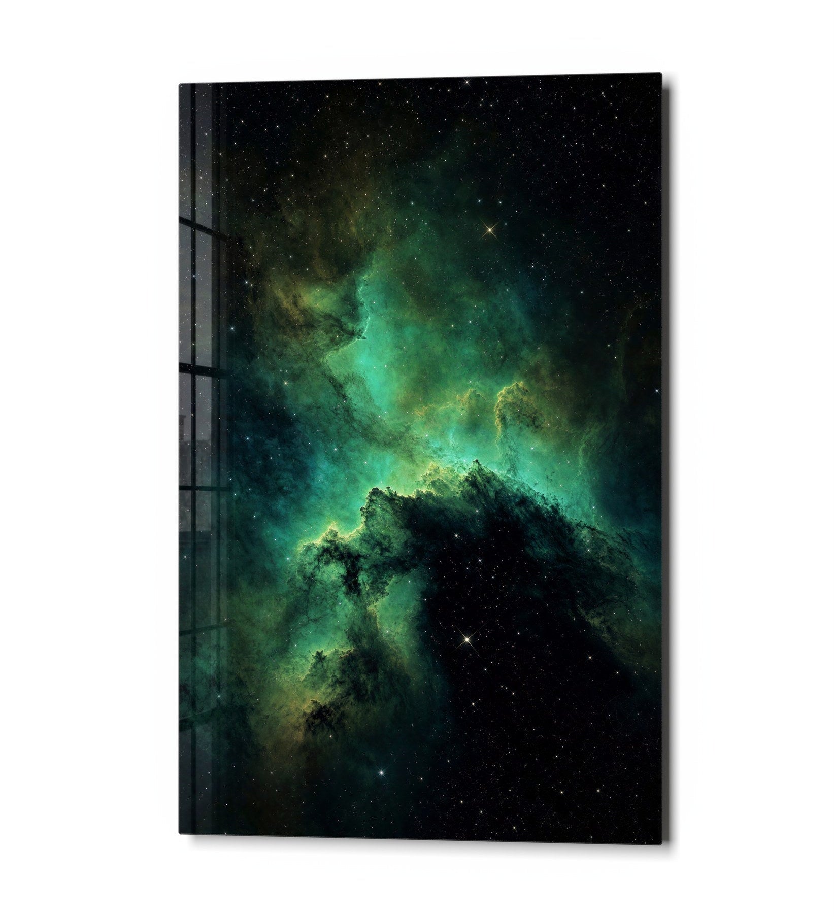 Elegant emerald-colored glass wall art by Artdesigna featuring cloud-inspired design on a sleek glass panel.
