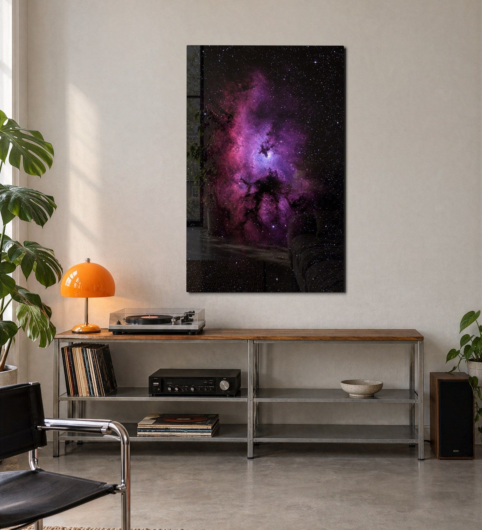 Pink Haze Open Sky glass wall art by Artdesigna featuring a vibrant pink and blue abstract design on clear glass.