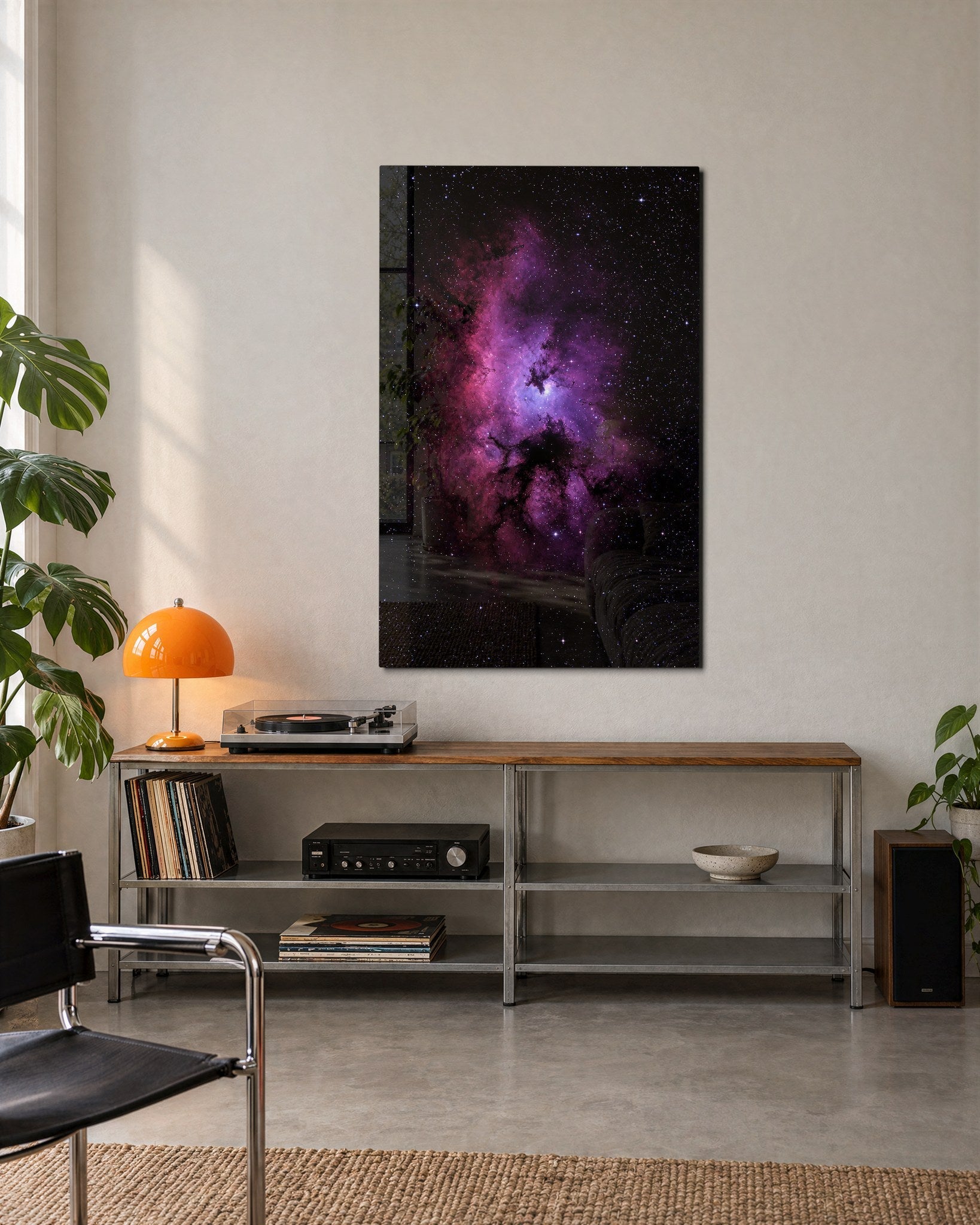 Pink Haze Open Sky glass wall art by Artdesigna featuring a vibrant pink and blue abstract design on clear glass.
