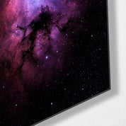 Pink Haze Open Sky glass wall art by Artdesigna, featuring a colorful abstract design with soft pink and blue hues, mounted on a wall.