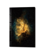 Black sky glass wall art titled Golden Cloud by Artdesigna, featuring a striking golden cloud design on a sleek black background.