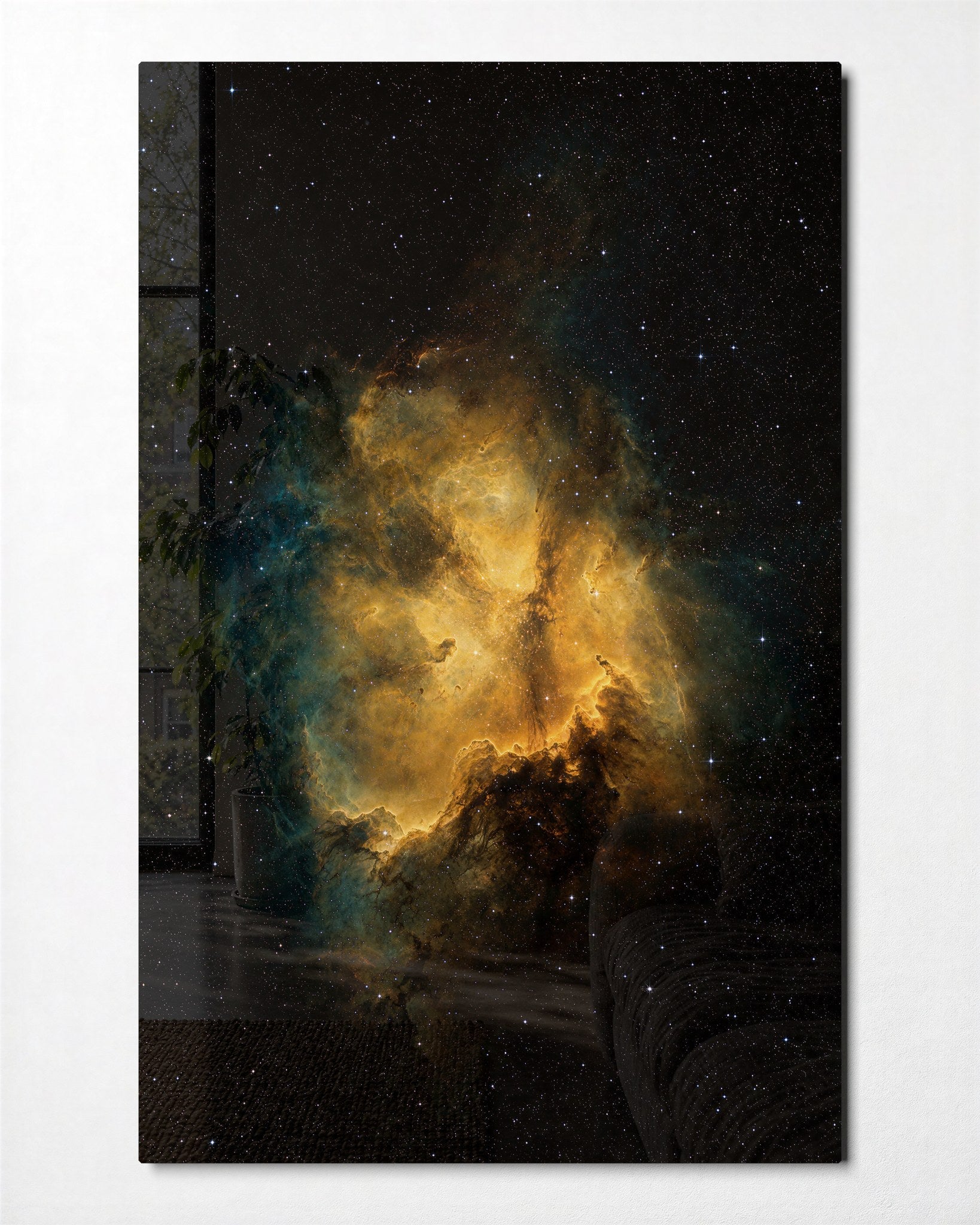 Glass wall art featuring a golden cloud against a black sky, designed by Artdesigna, showcased in the front view.