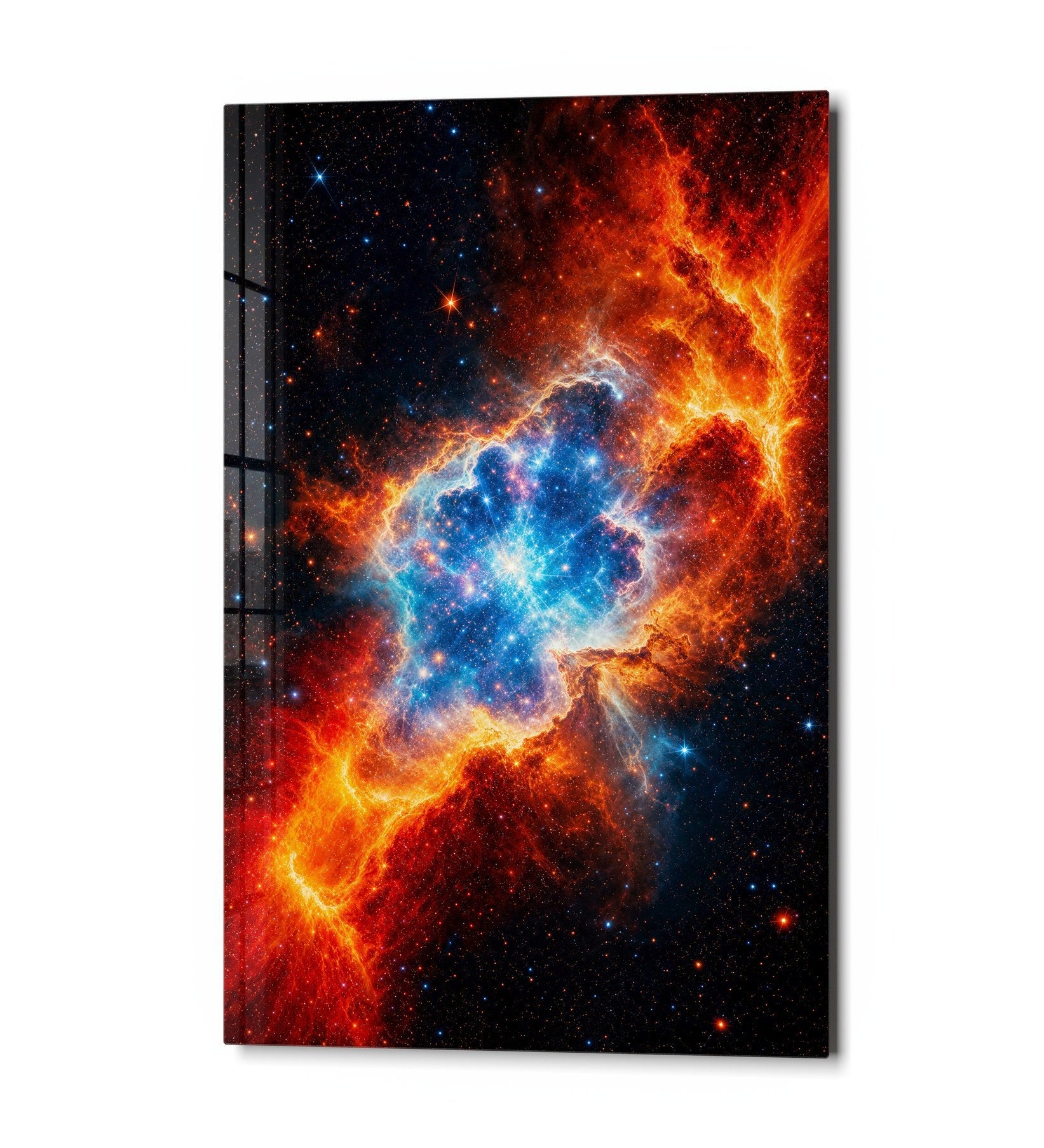 Cobalt Core glass wall art by Artdesigna featuring a vibrant, abstract cobalt blue design on clear glass panel.