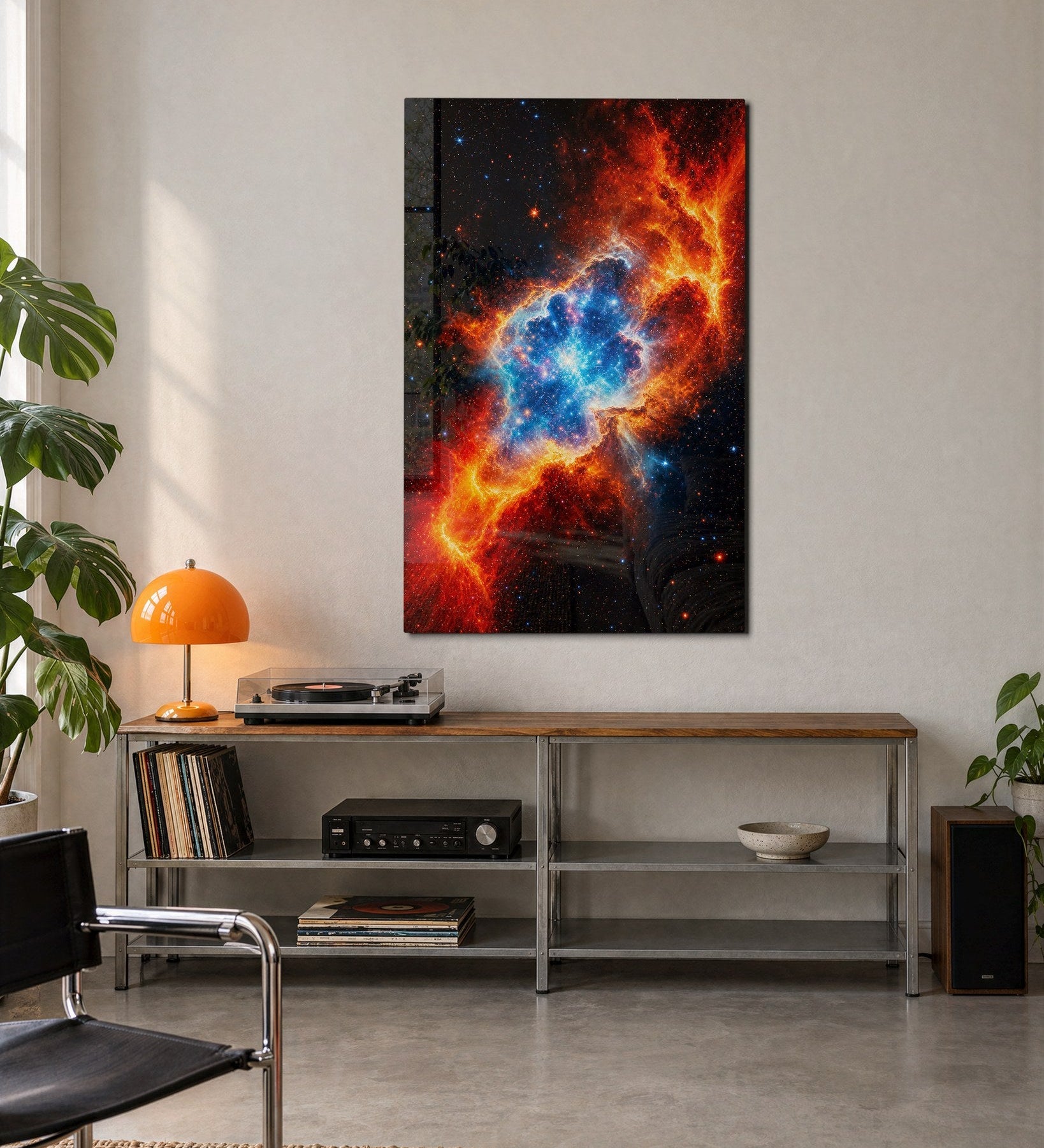 Colorful cobalt blue glass wall art by Artdesigna, featuring an abstract design displayed on a modern living room wall.