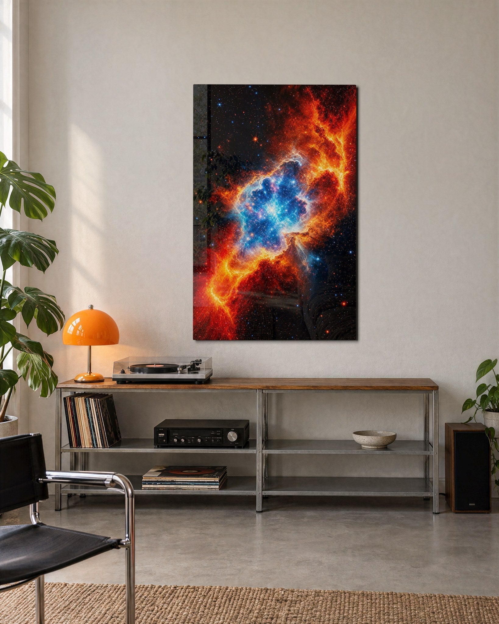 Colorful cobalt blue glass wall art by Artdesigna, featuring an abstract design displayed on a modern living room wall.