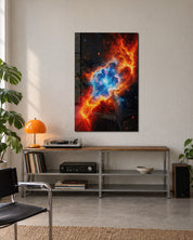 Colorful cobalt blue glass wall art by Artdesigna, featuring an abstract design displayed on a modern living room wall.
