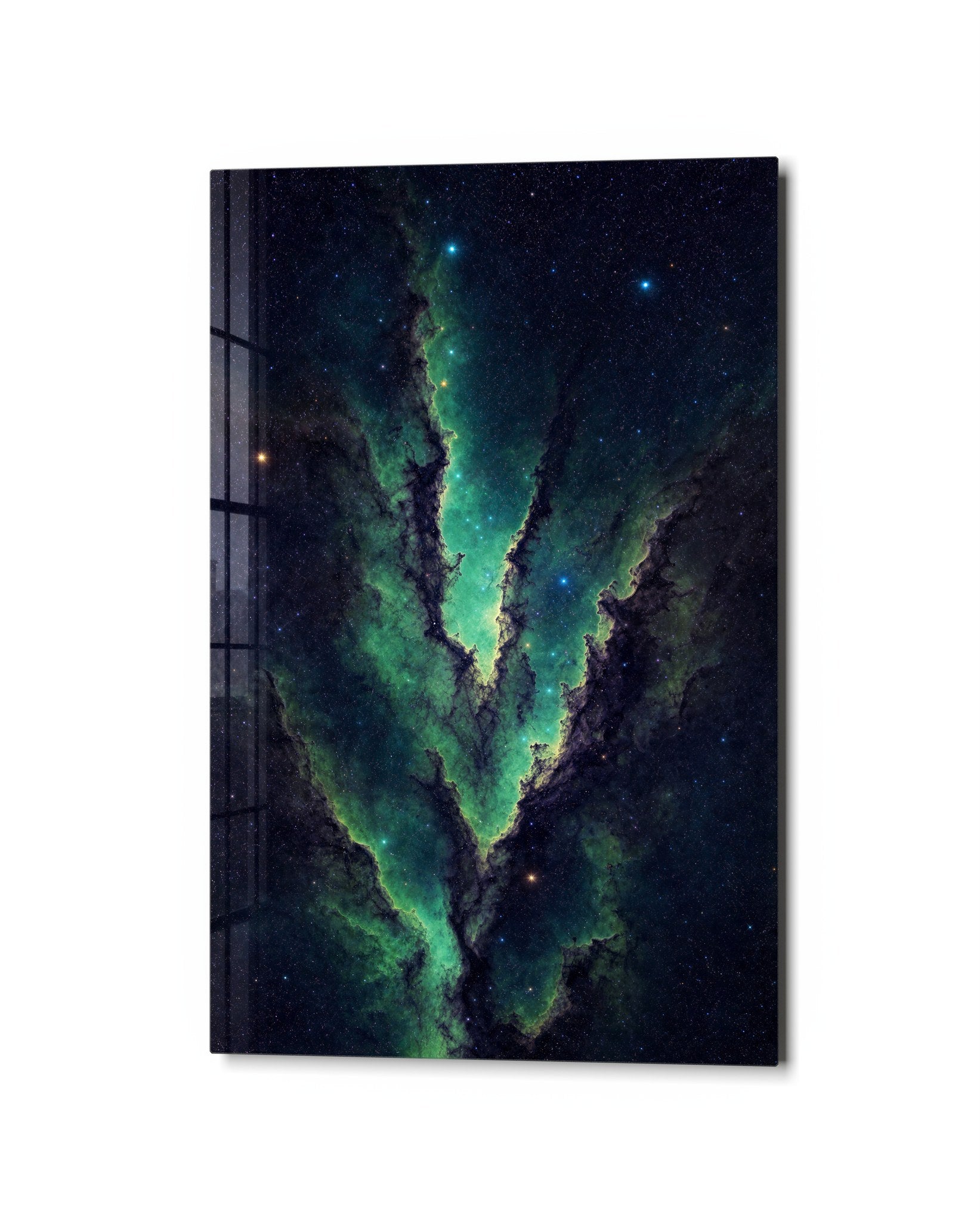 Emerald Seam glass wall art by Artdesigna featuring vibrant green hues and abstract design, mounted on a wall for modern decor.