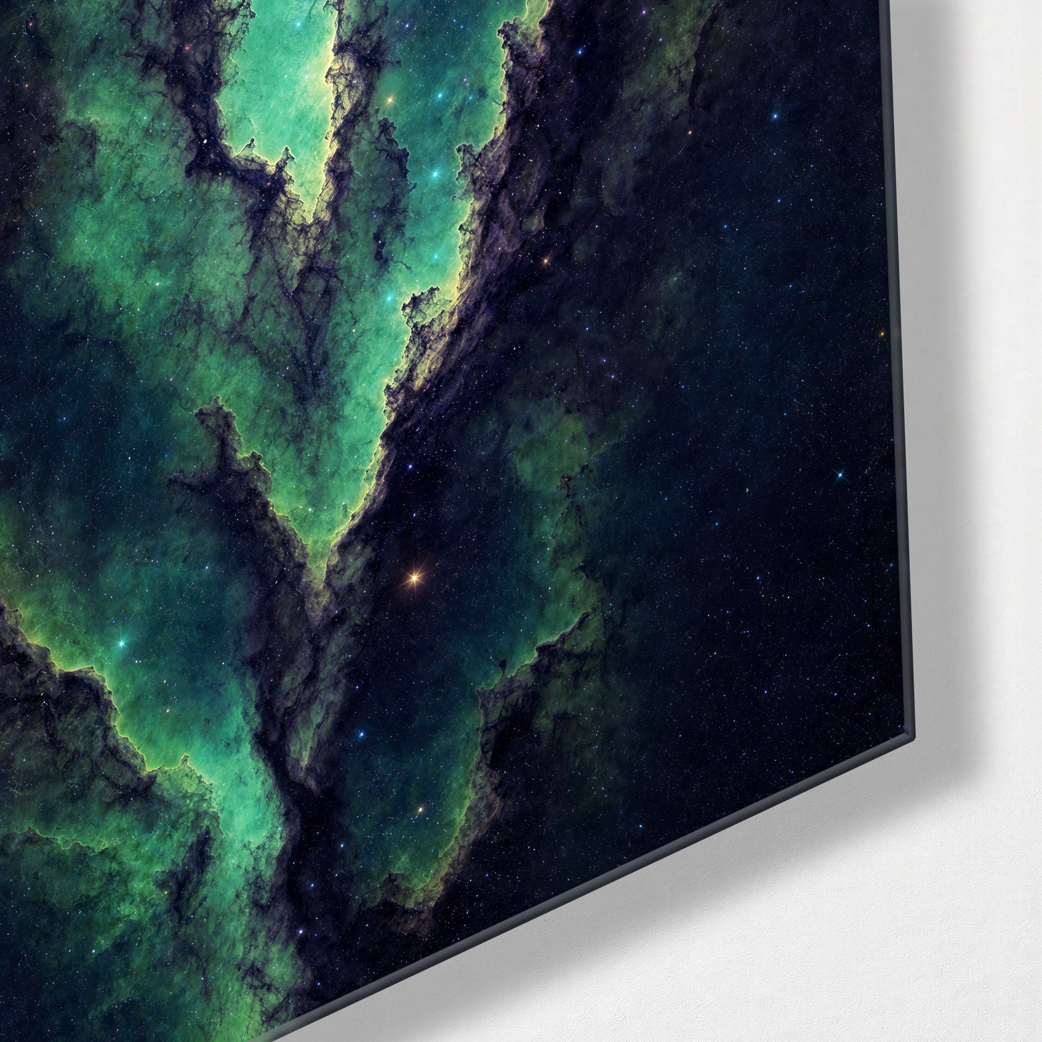 Emerald Seam glass wall art by Artdesigna featuring geometric green glass panels arranged in a corner display.