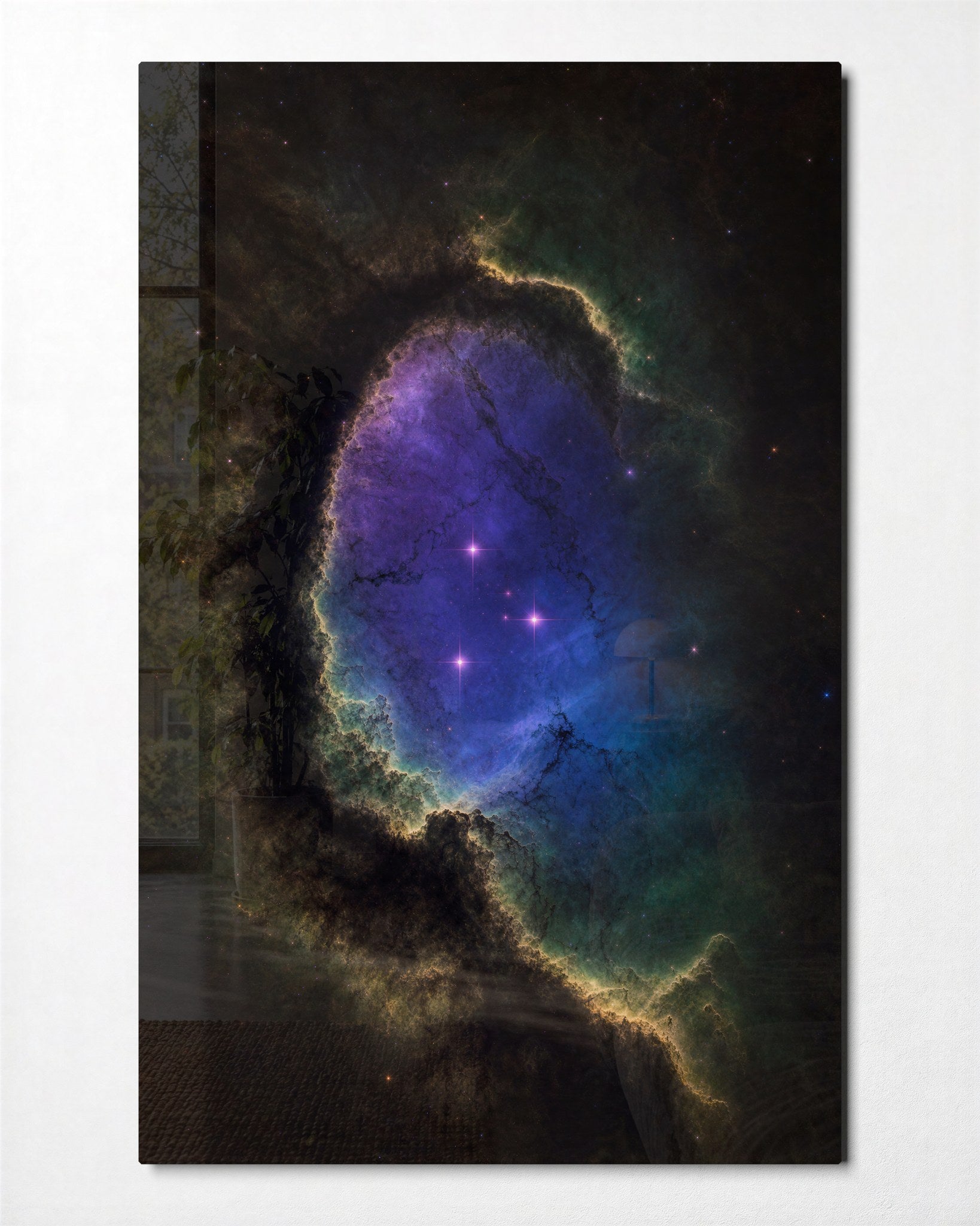 Artdesigna glass wall art titled "Window in the Clouds" featuring a serene cloud scene with a window design, mounted on a wall.