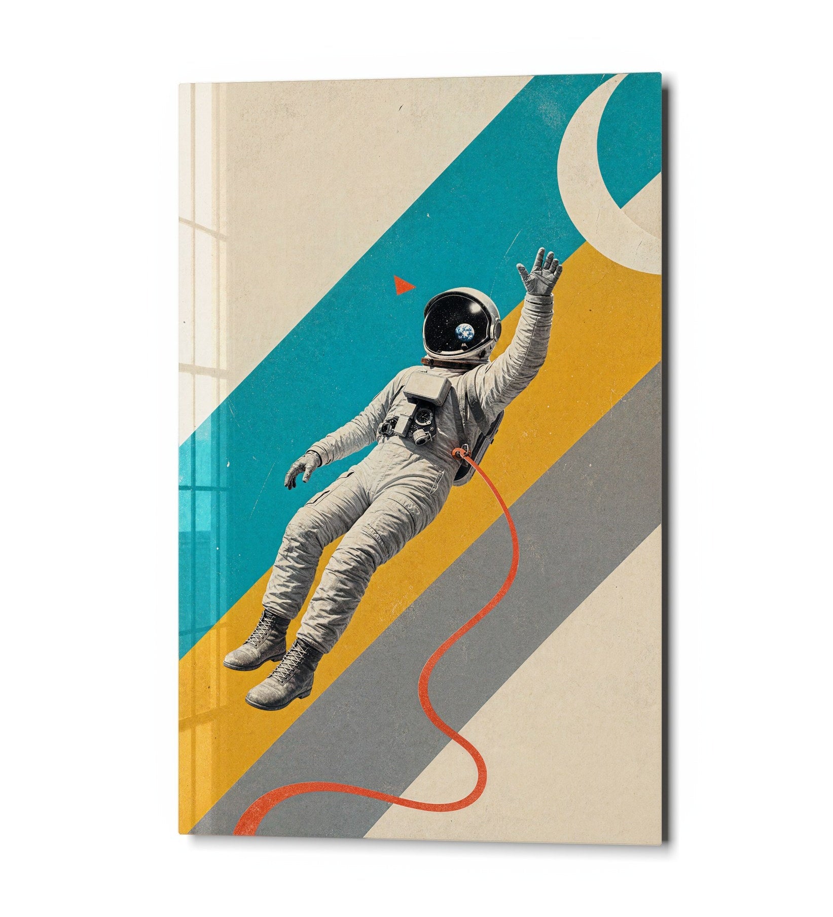 Colorful glass wall art titled Spacewalk in Stripes by Artdesigna featuring vibrant striped patterns on a clear glass surface.
