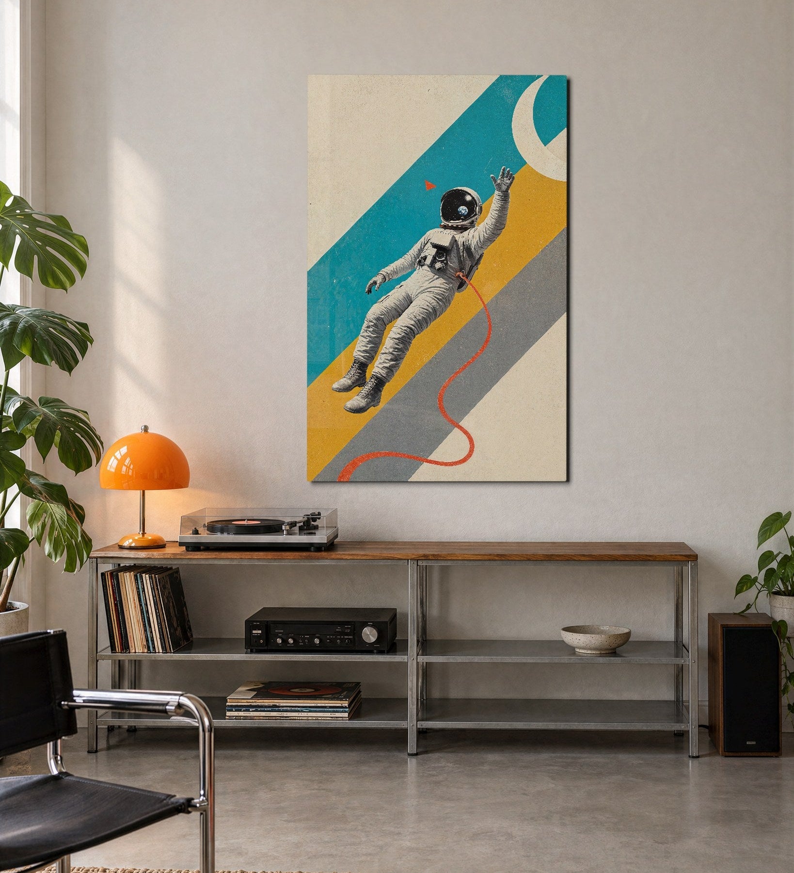 Colorful glass wall art titled "Spacewalk in Stripes" by Artdesigna, featuring vibrant striped patterns on a sleek glass surface.