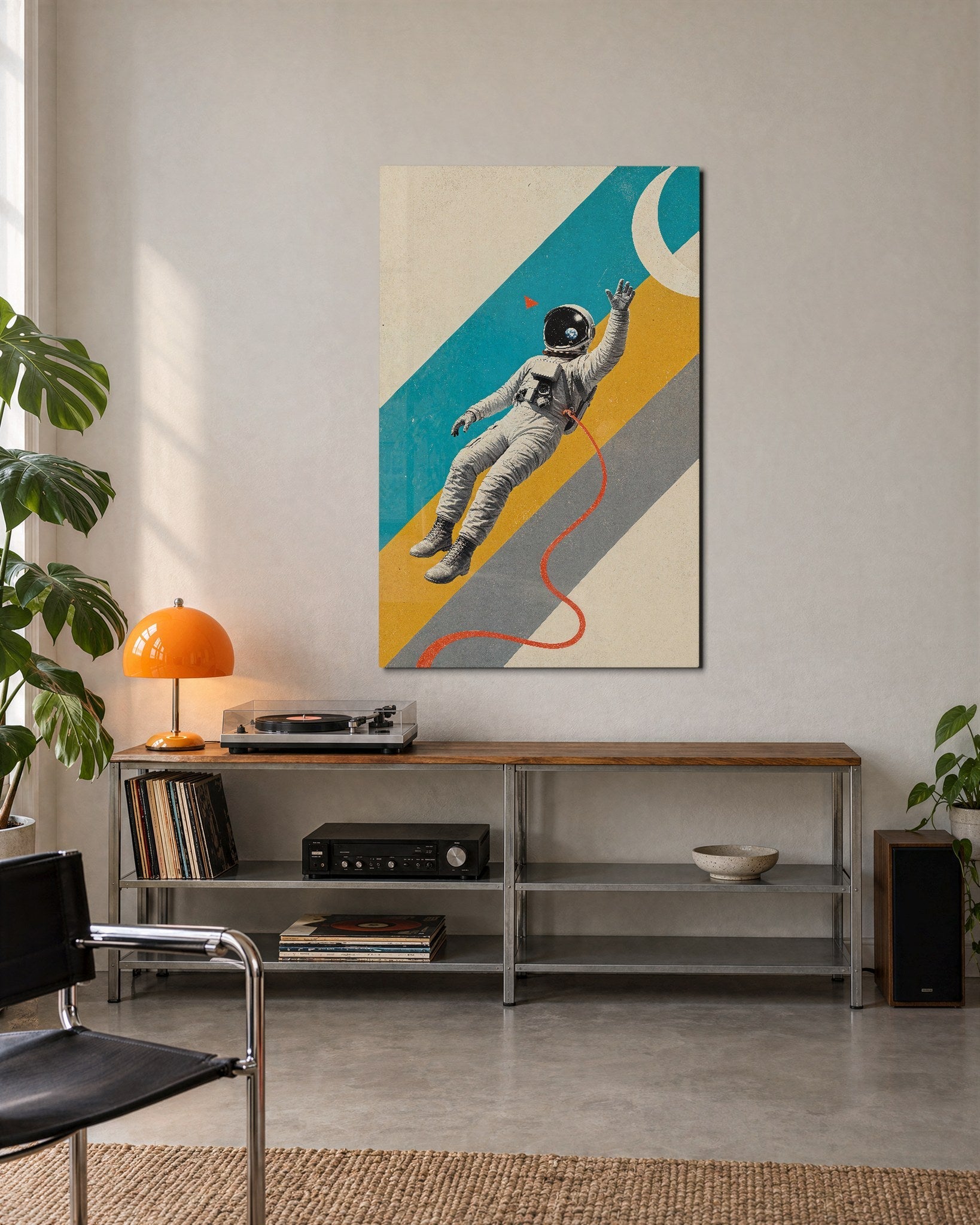 Colorful glass wall art titled "Spacewalk in Stripes" by Artdesigna, featuring vibrant striped patterns on a sleek glass surface.
