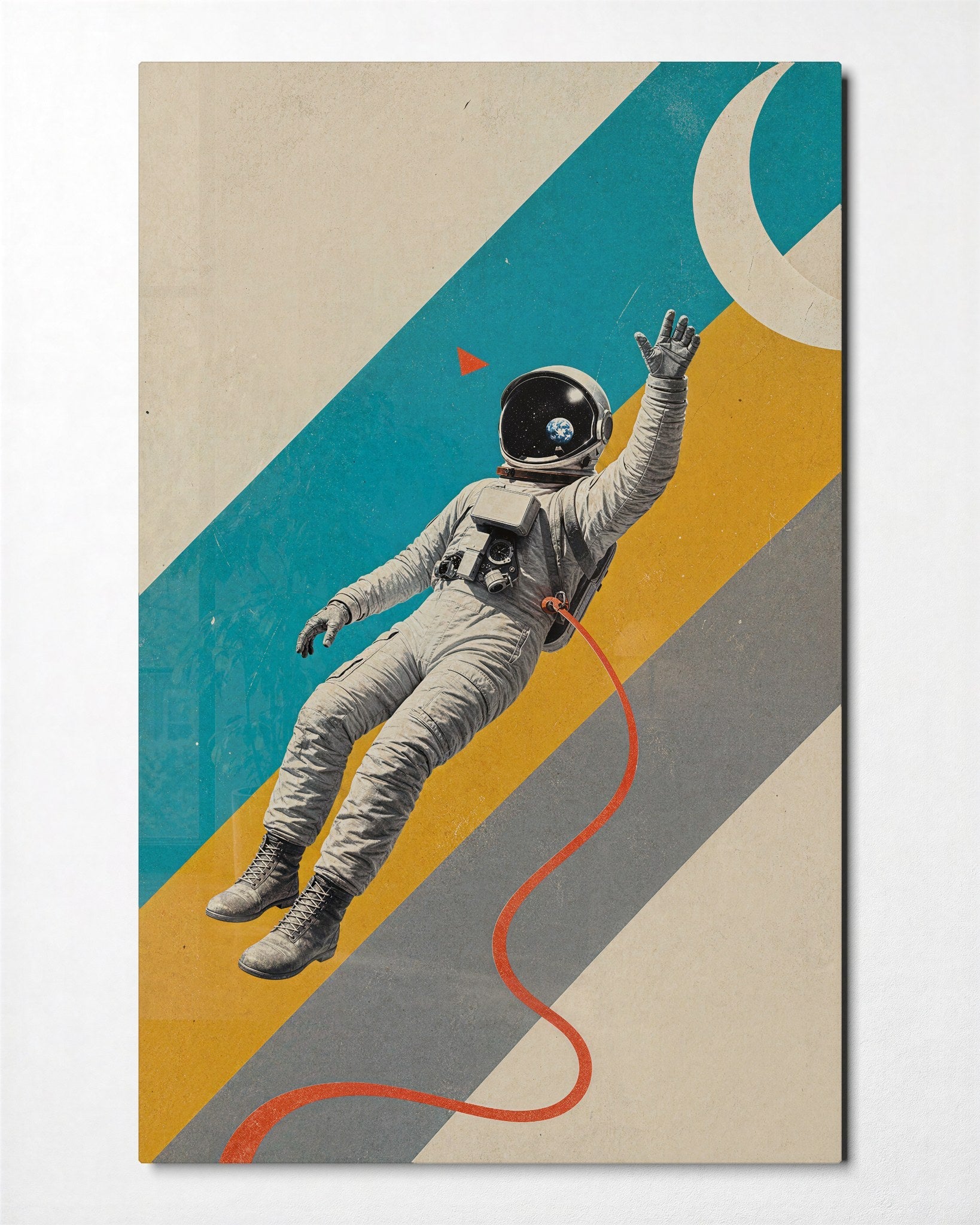 Colorful glass wall art titled Spacewalk in Stripes by Artdesigna featuring vibrant striped design on clear glass panel.