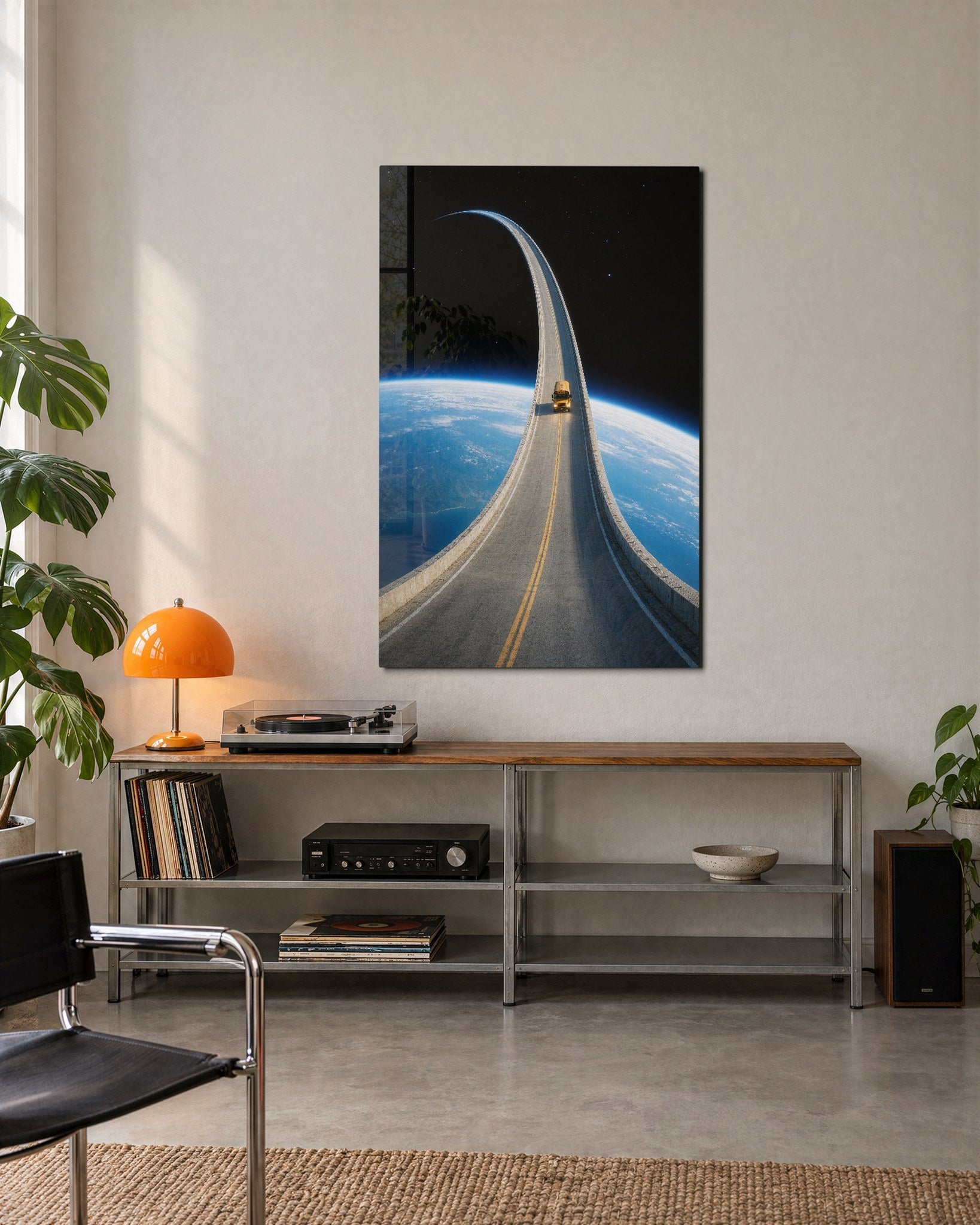 Glass wall art featuring a playful little truck and big orbit design by Artdesigna, displayed on a modern wall.