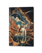 White horse glass wall art featuring a starry pass scene, designed by Artdesigna, displayed as a vibrant wall decoration.