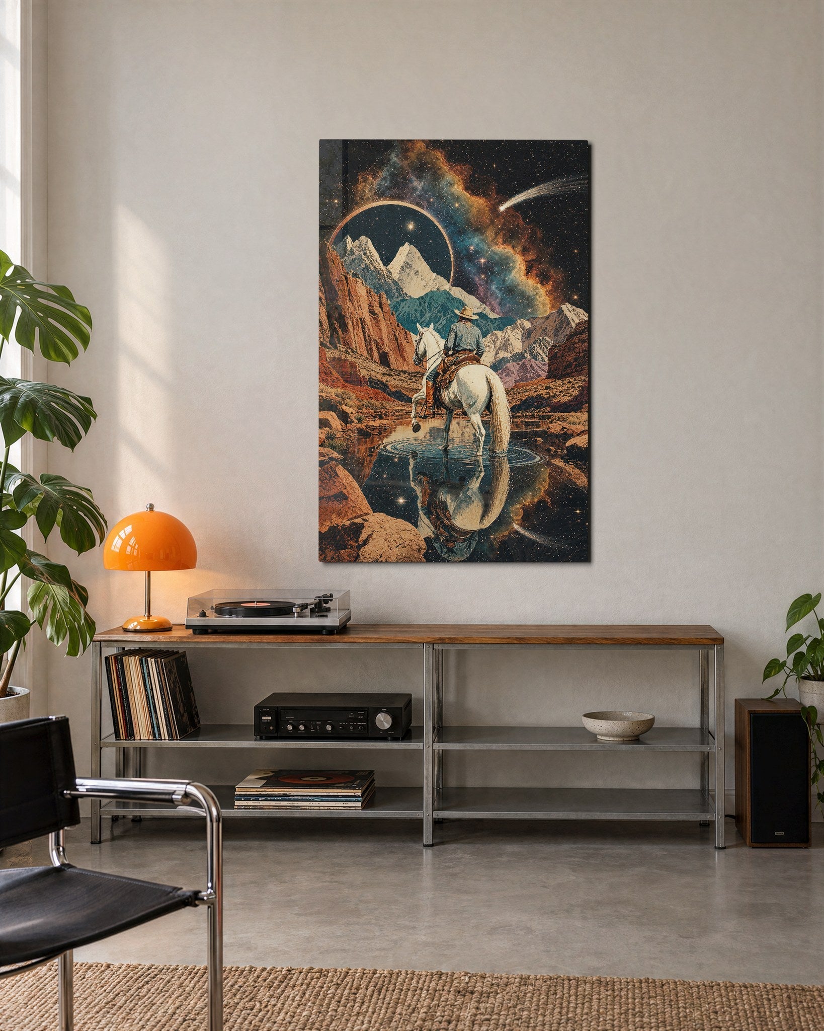 White horse glass wall art featuring a starry pass scene, designed by Artdesigna, perfect for modern home decor.