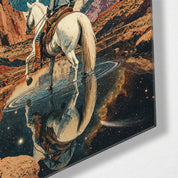 White horse glass wall art with starry pass design by Artdesigna, featuring detailed horse and celestial scene in clear glass.