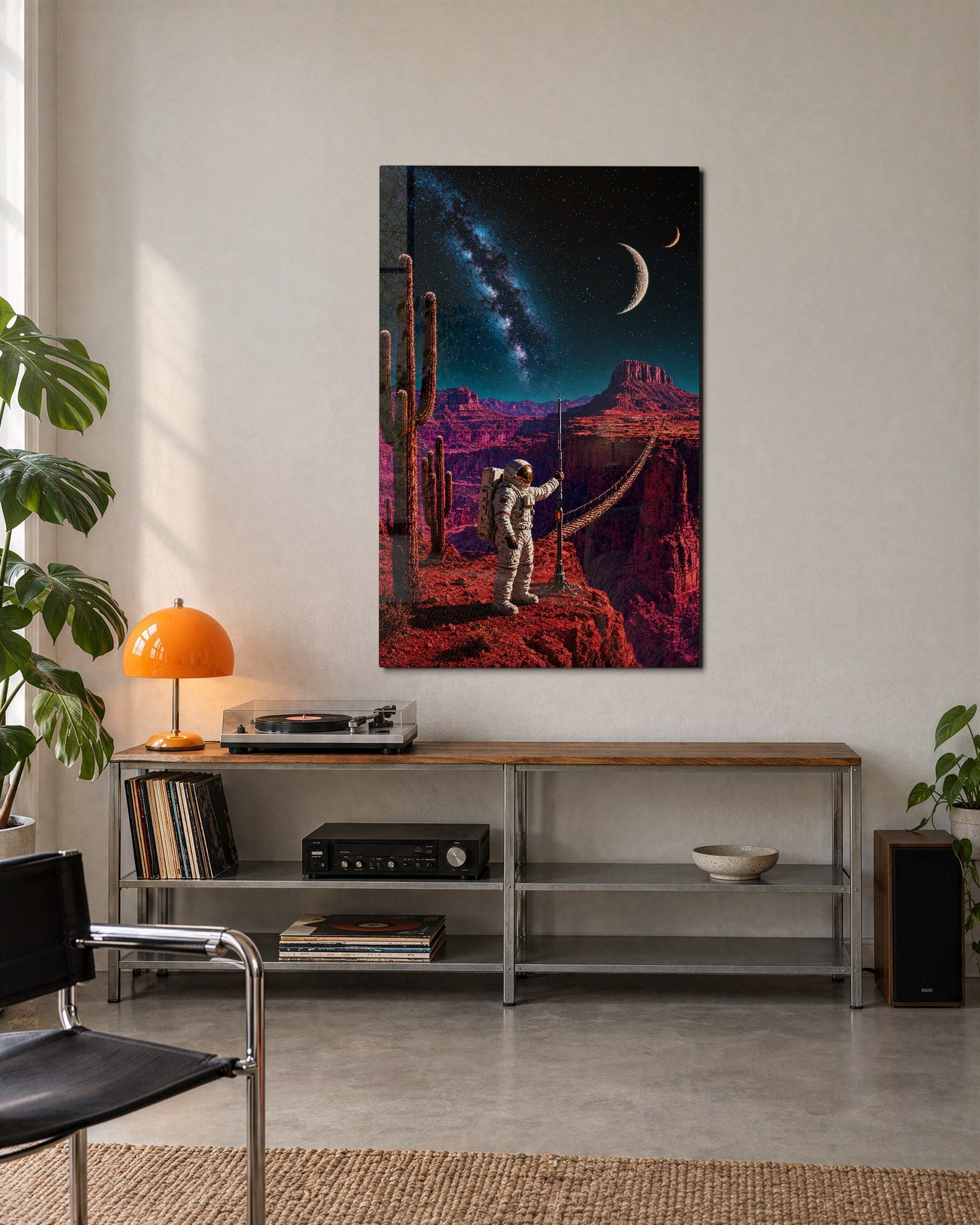 Red Canyon Rope Bridge glass wall art by Artdesigna, featuring a vibrant red bridge scene on a sleek glass panel.