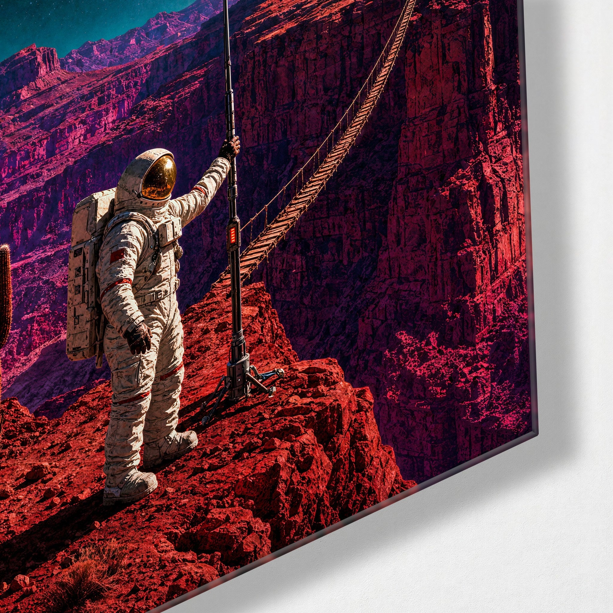 Red Canyon Rope Bridge glass wall art by Artdesigna, featuring a detailed depiction of a rope bridge scene on clear glass.