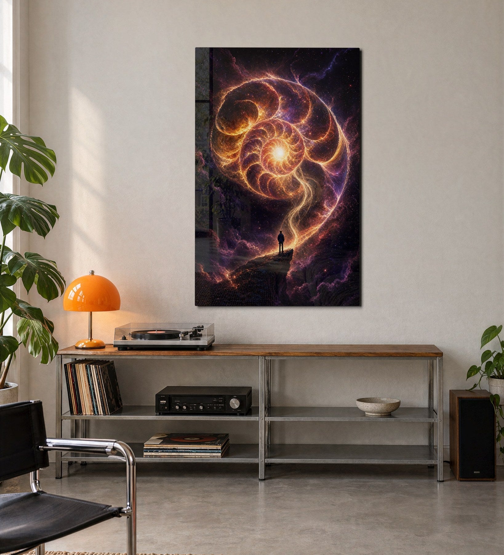 Artdesigna glass wall art titled Beneath the Swirl featuring colorful, abstract glass designs displayed on a modern wall.