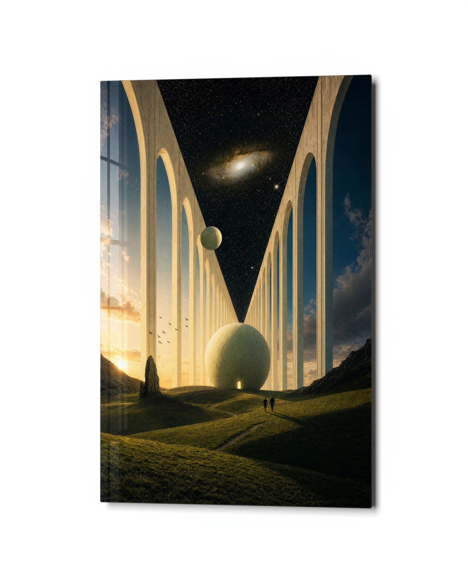 Pale Colonnade glass wall art by Artdesigna featuring abstract design with soft pastel tones, displayed hanging on a modern wall.