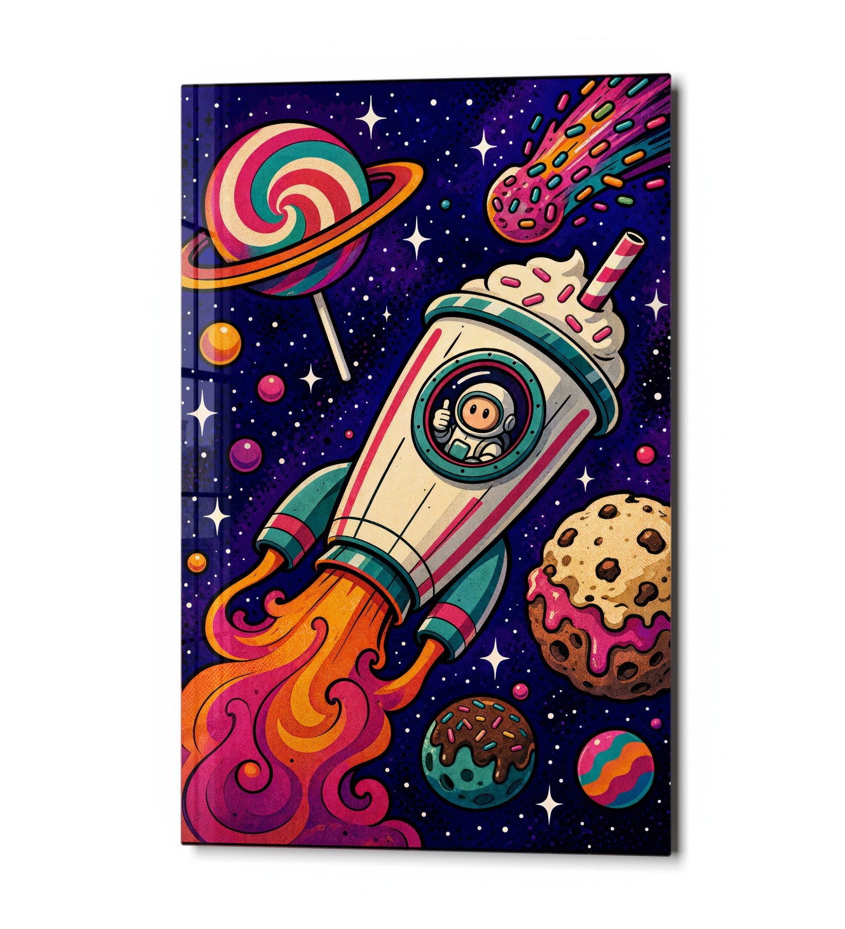 Colorful Candy Sky Voyage glass wall art by Artdesigna featuring vibrant, abstract design on clear glass.