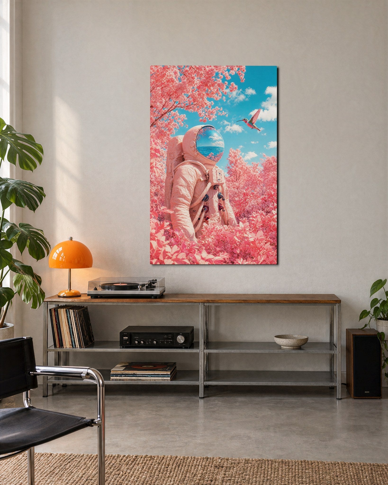 Astronaut in the Roses glass wall art by Artdesigna, lifestyle view