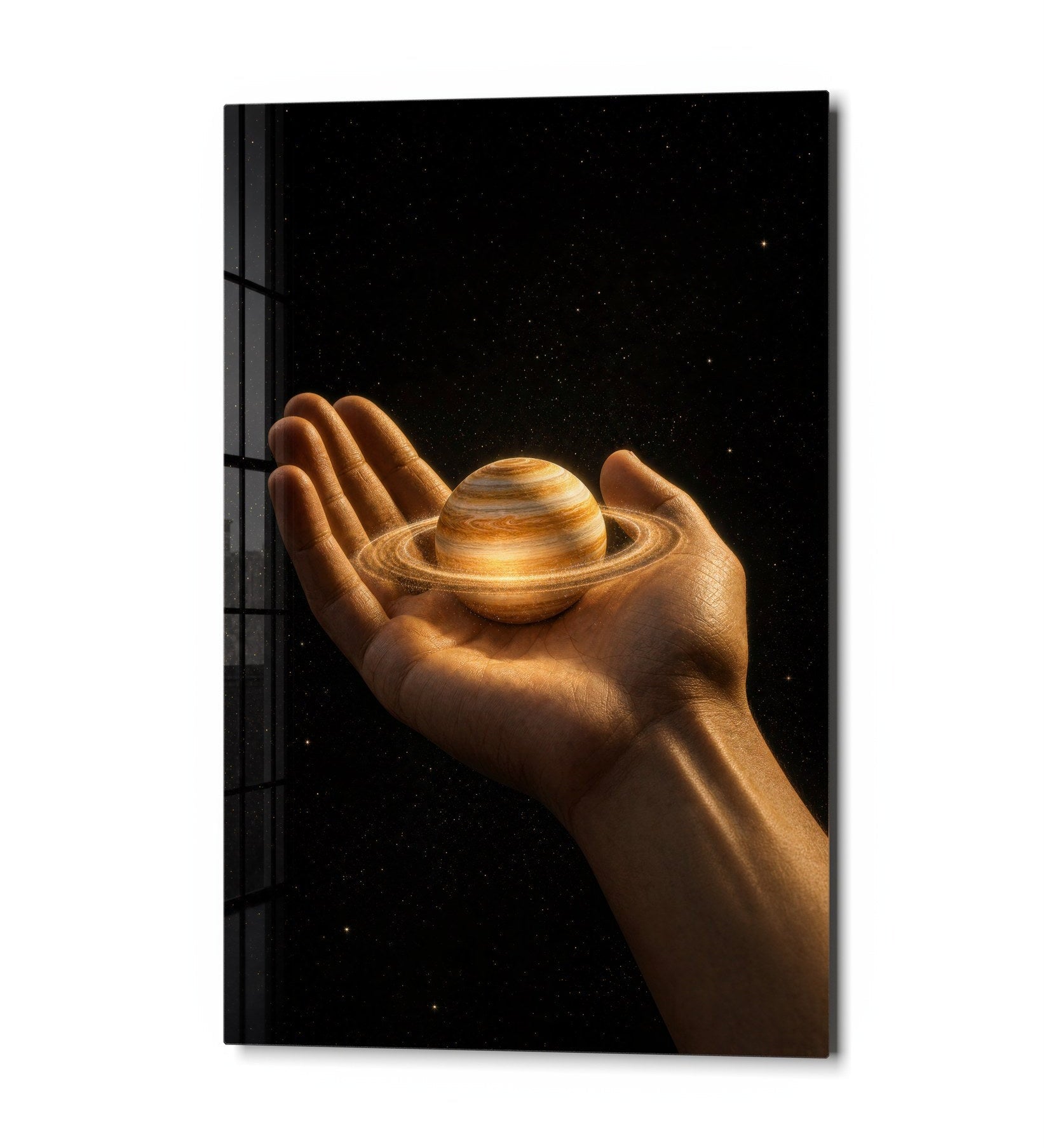 Glass wall art titled Saturn in the Palm by Artdesigna, featuring a detailed glass depiction of Saturn within a sleek frame.