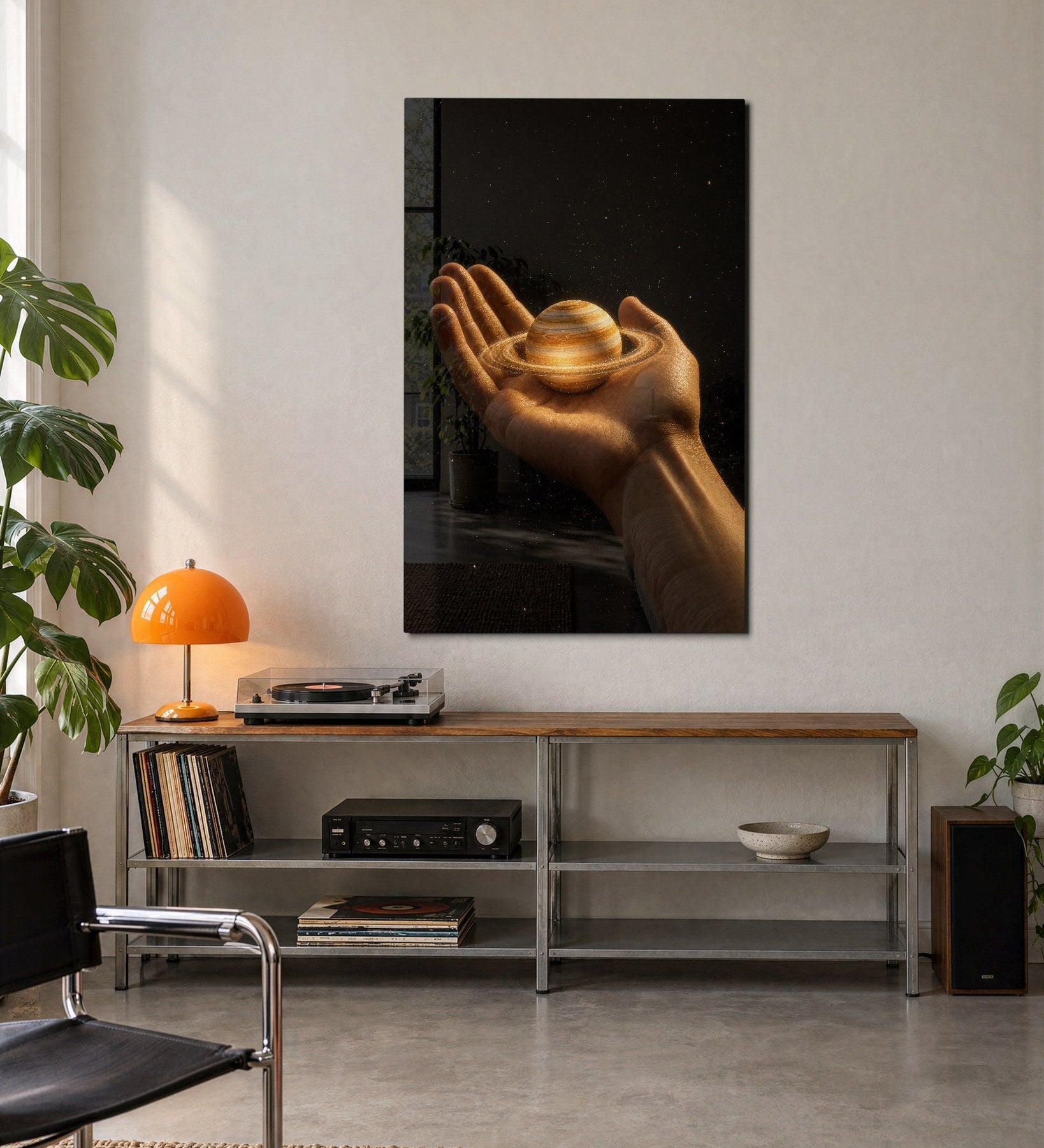 Glass wall art titled Saturn in the Palm by Artdesigna, featuring a vibrant glass depiction of Saturn in a stylish wall decor piece