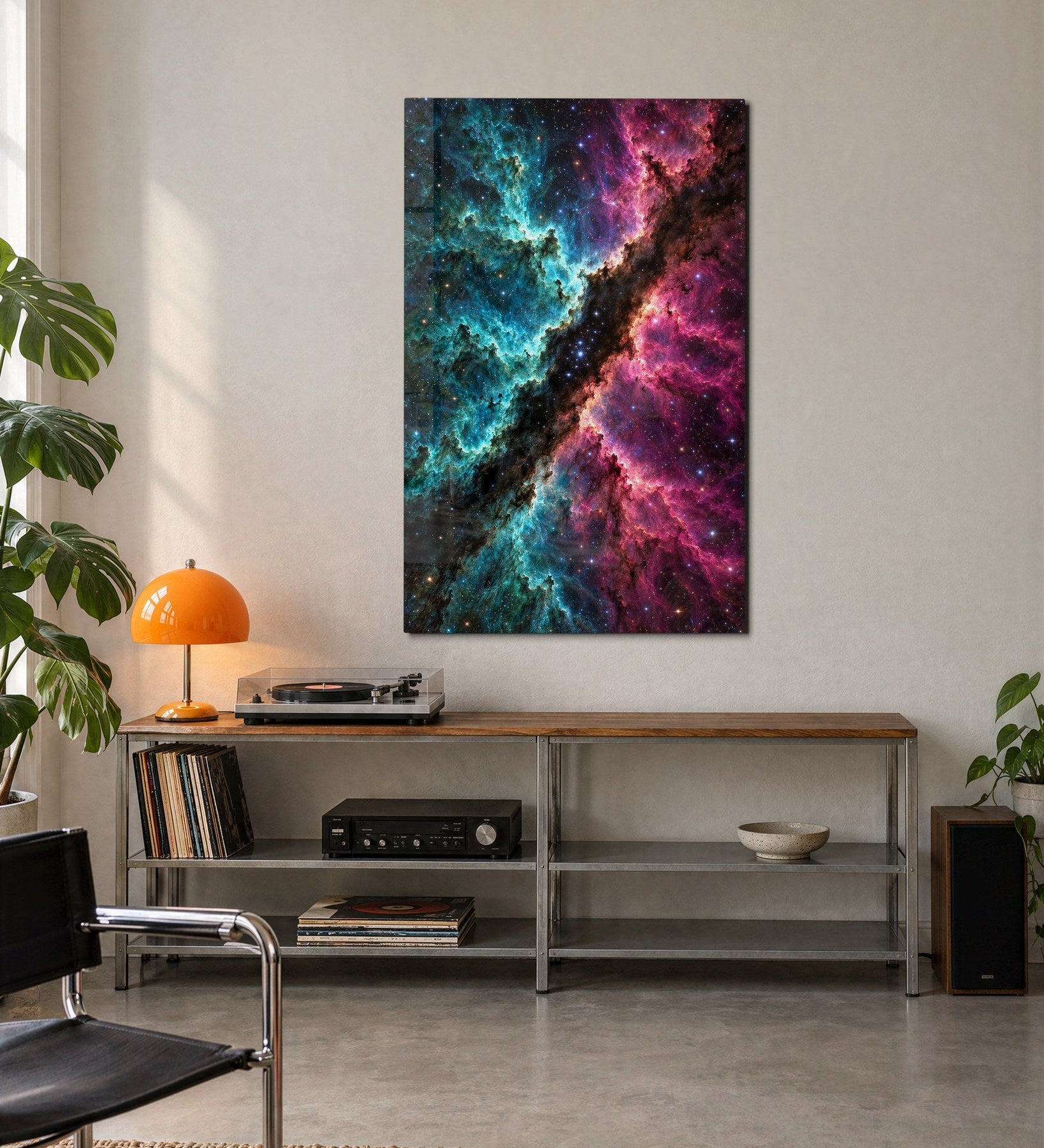 Artdesigna Divided Galaxy glass wall art displayed on a modern living room wall with vibrant galaxy design.