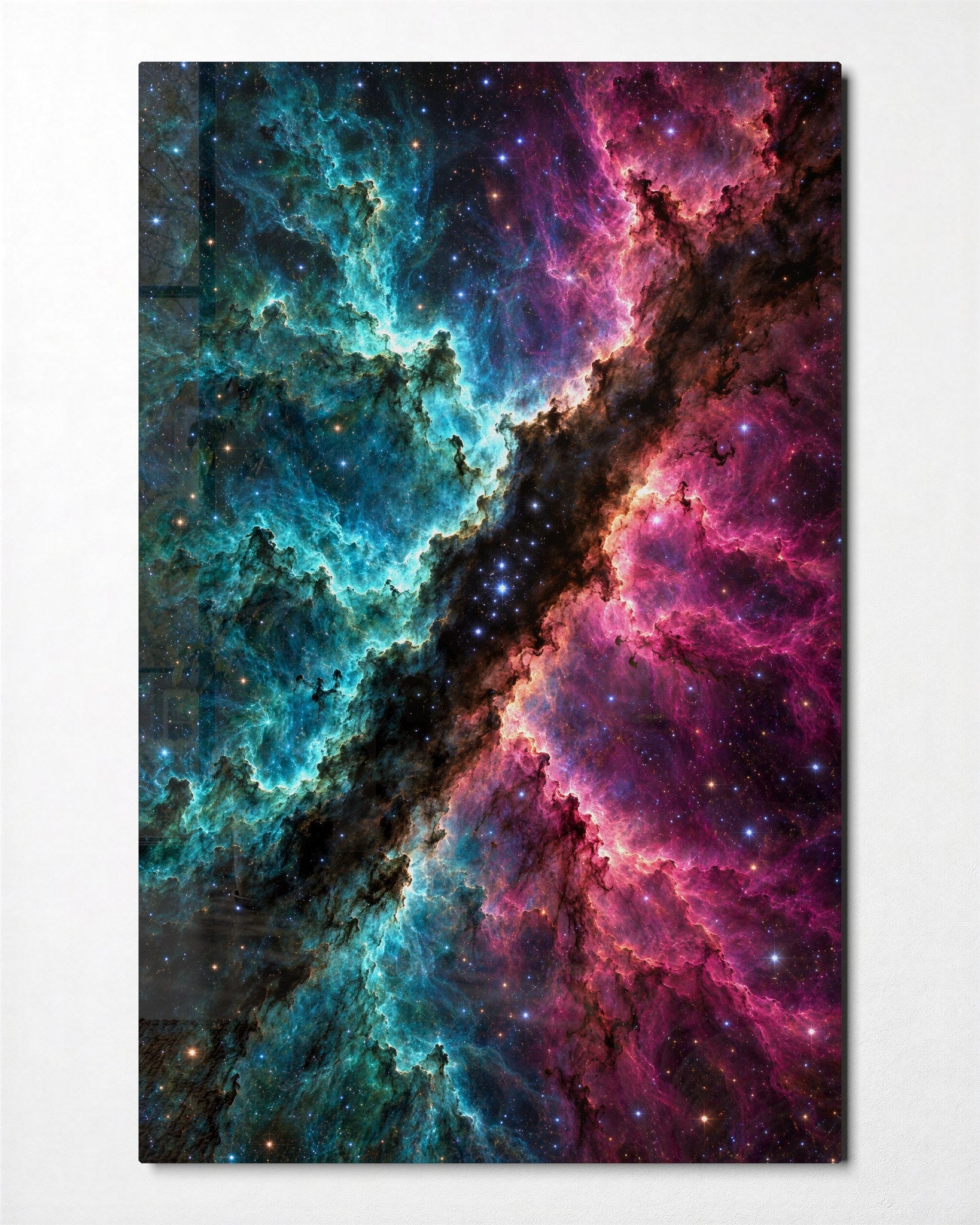 Artdesigna Divided Galaxy glass wall art featuring a vibrant galaxy design on clear glass panel.